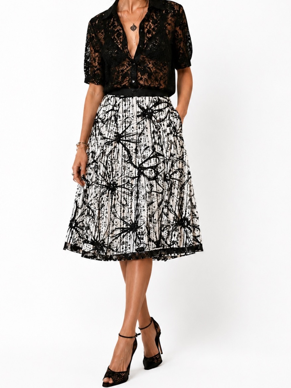 i.e. Embroidered Cotton Midi Skirt Black Cream Floral Lace Trim 16 Art Abstract